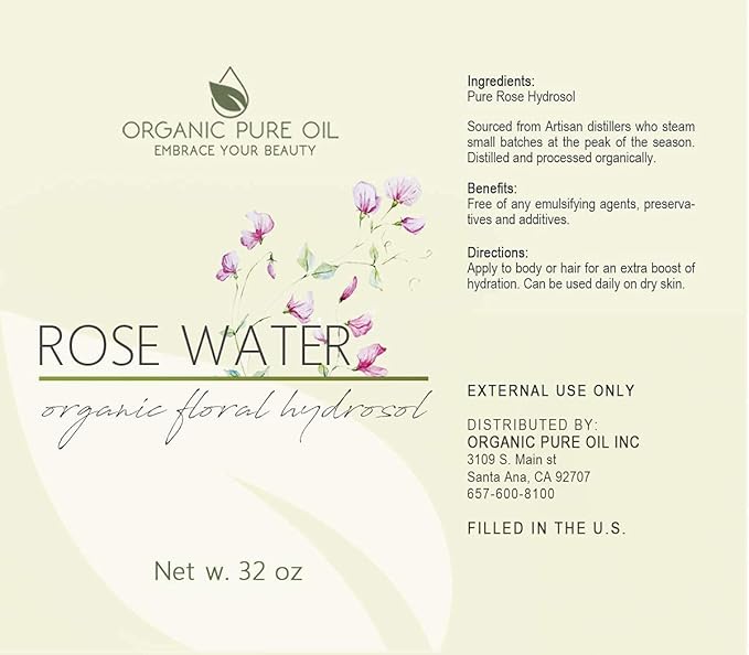 32 oz Rose Hydrosol Water β 100% Pure Rosewater Spray Mist Bulk β Hydrating Face Toner Rose Water for Skin and Hair Linen Spray for Sheets Room Freshener Body Spray Refill by Organic Pure Oil