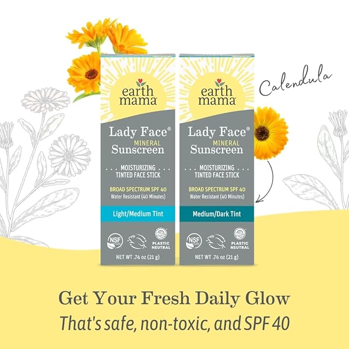 Earth Mama Lady Face® Tinted Mineral Sunscreen Face Stick SPF 40 Light/Medium Tint | Contains Organic Shea & Cocoa Butter | Foundation + Concealer Blends with Most Skin Tones