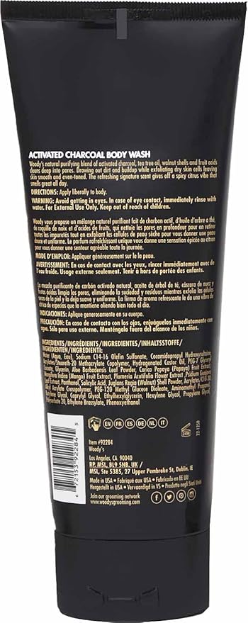 Woody's Activated Charcoal Body Wash for Men - Deep Cleansing, Exfoliating Face & Body Wash, Hydrating Formula with Walnut Extracts, Fresh Scent, 8 oz