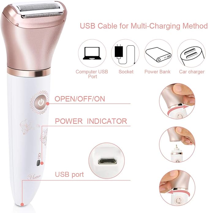 Electric Razor for Women - Painless 2-in-1 Shaver for Women Hair Remover for Face, Legs and Underarm Wet & Dry, Portable Bikini Trimmer, Lady Hair Removal with 2 Trimmer Heads- Micro USB Recharge