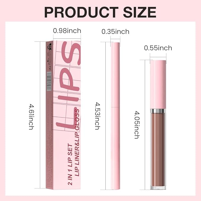 evpct Retractable 1Pcs Lip Liner Pencils and 1 Pcs Lip Gloss Makeup Set for Shaping & Sculpting Lips, Brown Long-Lasting Waterproof Longwear Matte Rich Lip Colors Liner Crayon Liquid Lipstick 05#