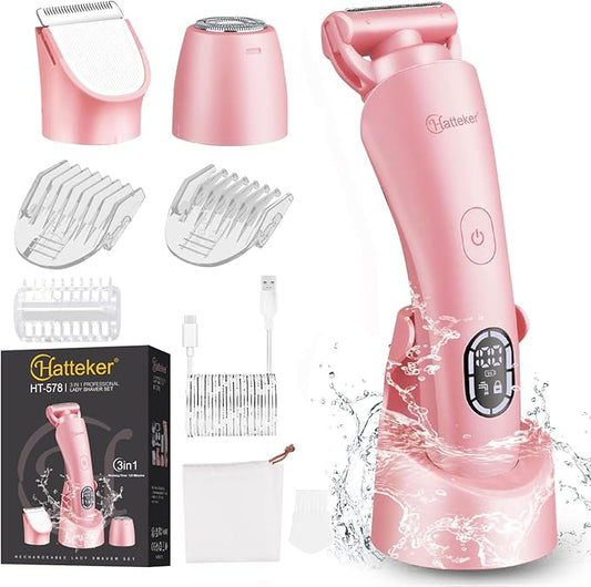 Hatteker Women's Electric Shaver Bikini Trimmer Hair Trimmer for Women LED Display Electric Razor for Legs Bikini Underarm Public Hairs Led Display IPX7 Waterproof Gift for Women (Pink)