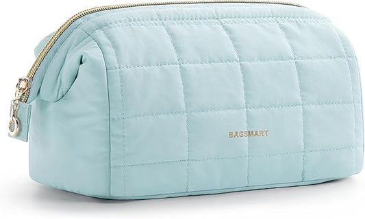 BAGSMART Makeup Bag Travel Toiletry Bag, Puffy Padded Make Up Bags for Women Makeup Organizer Case, Wide-open Pouch Purse Travel Essentials Toiletries Accessories Brushes, Light Blue
