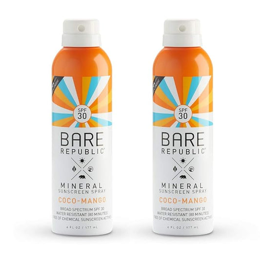 Bare Republic Mineral Sunscreen SPF 30 Sunblock Spray, Sheer and Non-Greasy Finish, Coconut Mango Scent, 6 Fl Oz