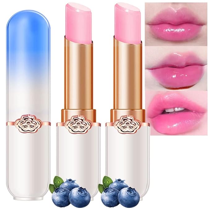 evpct 2Pcs Blueberry Tinted Lip Balms PH Lip Color Changing Lipstick Balm Stain Gift Set Queen for Women Girls Korean Mood Long Lasting Color Change Light Pink Lipstick Lip Tint Plumper Gloss