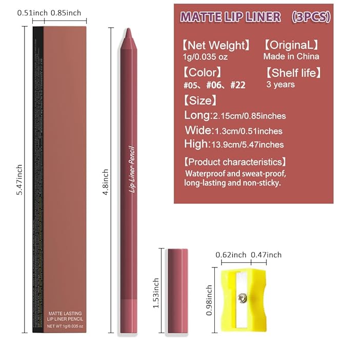 evpct 3Pcs Dark Mauve Coconut Brown Purple Matte Long Lasting Wear Lip Liner Pencils Makeup Set for Shaping & Sculpting Lips, No Transfer Waterproof Lip Liner Crayon lipliners Lipstick Pencil 5+6+22