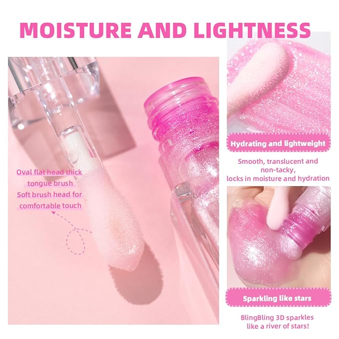2PCS Color Changing Lip Oil,pink Big Brush Head Long Lasting Moisturizing Smooth Non-Sticky Transparent Plumping Lip Glow Oil