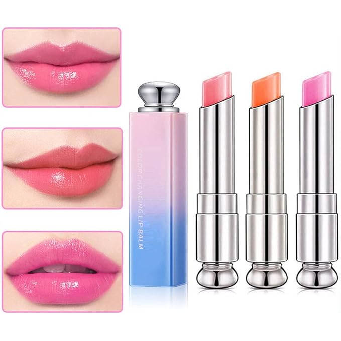 evpct 3Pcs Peach Strawberry Orange Color Changing Change Lipstick Lip Balm Set for Women Korean Magic Lipstick Color Change Changing Lip Tint Tinted Stain Balm Long Lasting Waterproof Crystal Lipstick