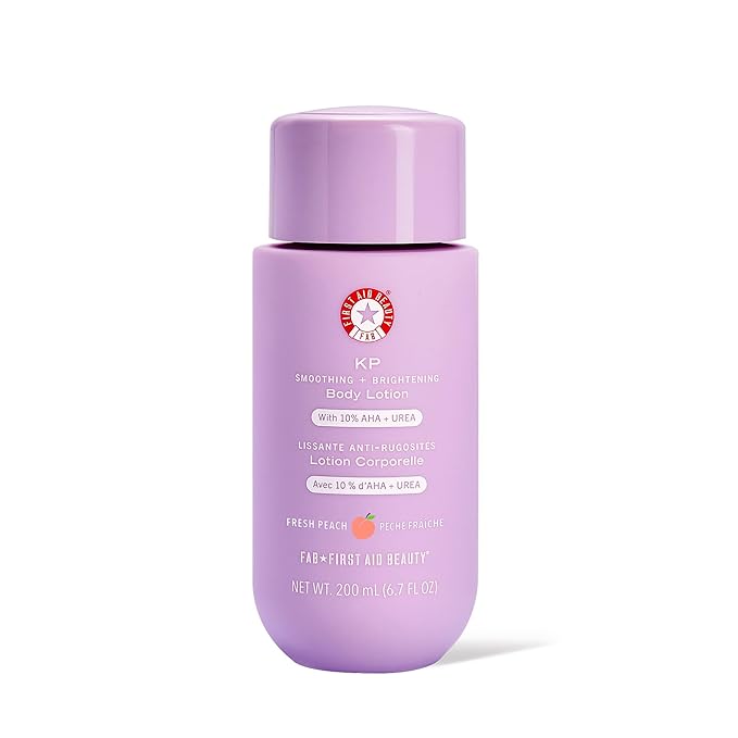 First Aid Beauty - KP Smoothing + Brightening Body Lotion with 10% AHA, Lactic Acid, Urea + Colloidal Oatmeal, Exfoliate + Moisturize, Banish Keratosis Pilaris Bumps, NEW Peach Scent (6. 7 fl oz)