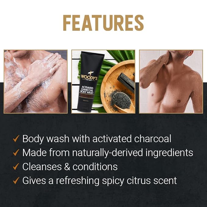 Woody's Activated Charcoal Body Wash for Men - Deep Cleansing, Exfoliating Face & Body Wash, Hydrating Formula with Walnut Extracts, Fresh Scent, 8 oz