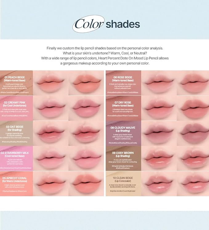 Heart Percent Dote On Mood Lip Pencil, Long-Lasting Creamy Lip Crayon Smooth Color Liner Retractable Lipstick Pencil 0.8g, #04. Strawberry Milk