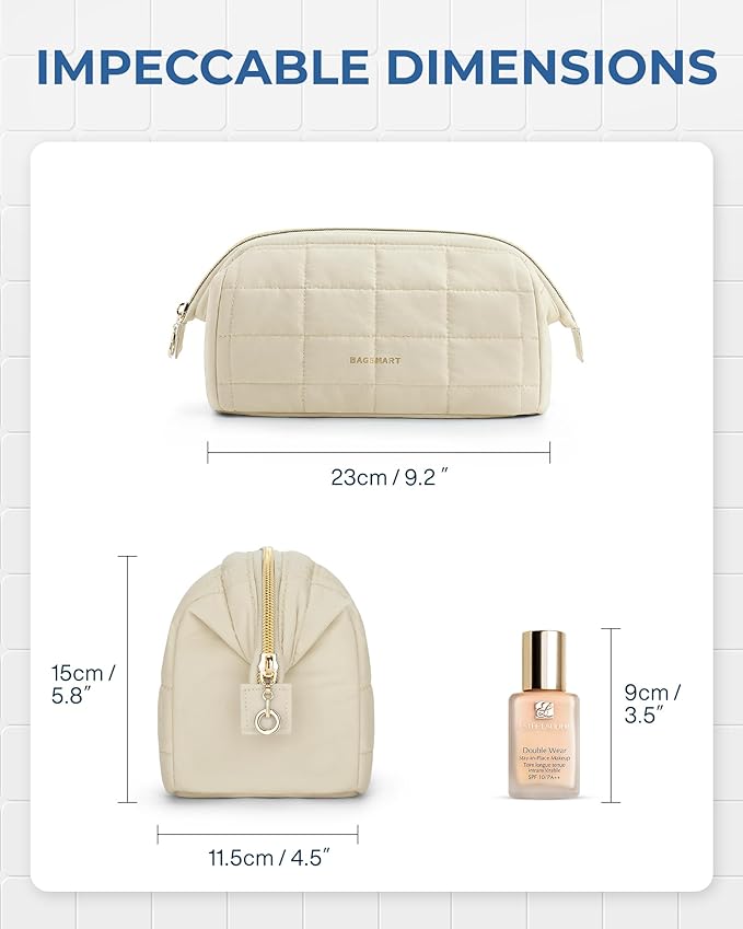 BAGSMART Makeup Bag Cosmetic Bag Wide Open, Beige, M, Wide-open Travel Makeup Bag With Puffy Padded and Rectangular Quilted