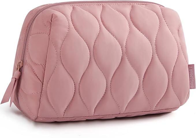 BAGSMART Makeup Bag, Travel Cosmetic Bag, Puffy Padded Make Up Bag for Women, Makeup Organizer Case, Wide-open Pouch Purse, Travel Essentials, Toiletries Accessories Brushes, Dark Pink