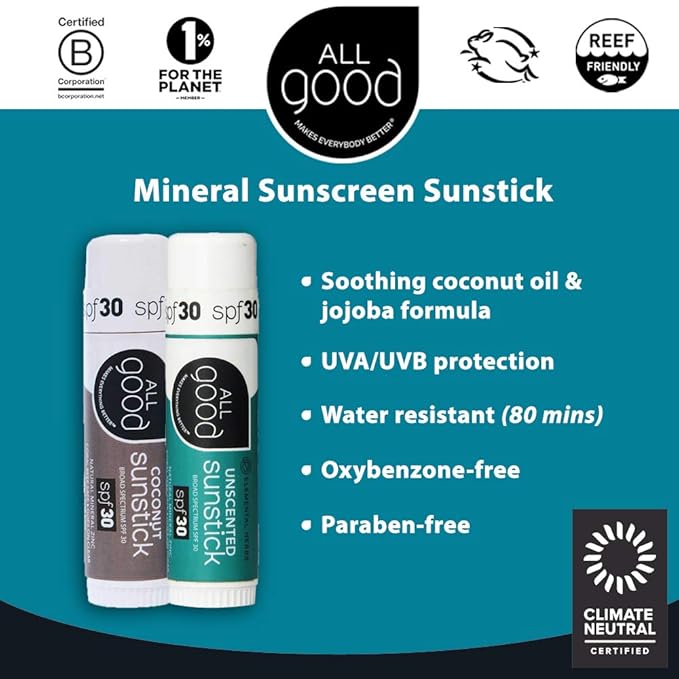 All Good Sunstick - Face Sunscreen, Water Resistant, UVA/UVB Broad Spectrum SPF 30+, Coral Reef Friendly - Beeswax, Zinc, Vitamin E, Shea Butter (Coconut)