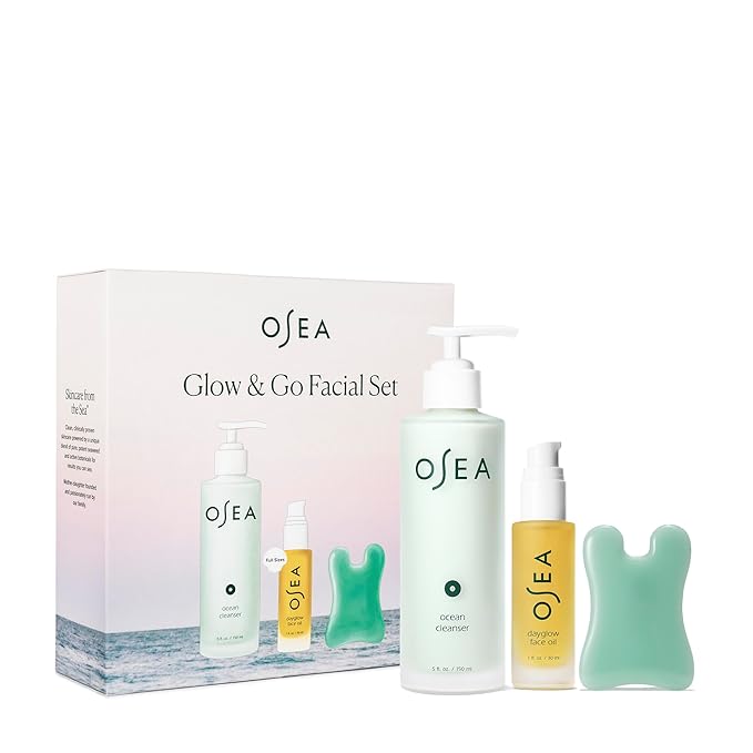 OSEA Glow & Go Facial Full Size Set - Includes Full Size Ocean Facial Cleanser (5oz), DayGlow Face Oil (1oz), Gua Sha Sculptor - Clean Beauty Set - Radiant Mother's Day Gift Set