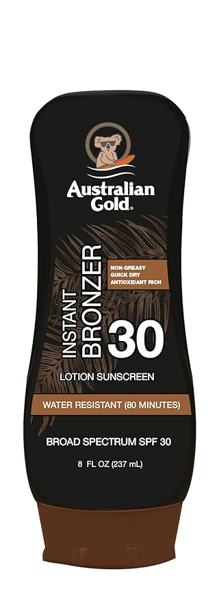 Australian Gold Sunscreen Lotion with Instant Bronzer, Broad Spectrum, Water Resistant, Non-Greasy, Oxybenzone Free, Cruelty Free, SPF 30, Coconut, 8 Fl Oz (A70902)