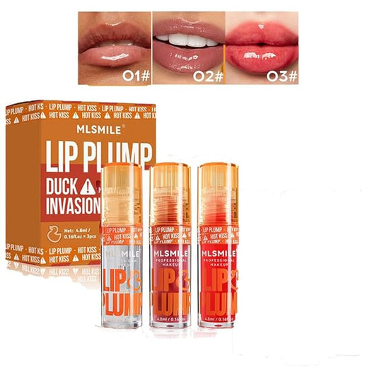 3 Colors Duck Lip Plumper Gloss, Glitter Shine Primer Lip Tint Korean Clear Plumping Lip Gloss, High Pigment No Sticky Lip Gloss, Lip Plumper Gloss Make Lips Fuller(Set A)
