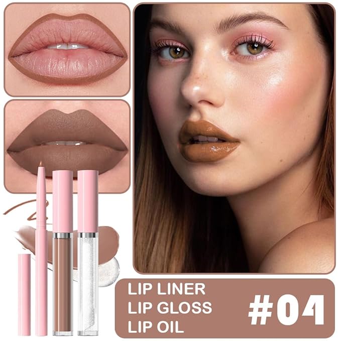 3-in-1Natural Nude Matte Lip Stain Kit | Waterproof Lip Liner + Hydrating Matte Lip Gloss + Nourishing Lip Oil | Long Lasting Plumping to Create Perfect Lip Makeup.04#