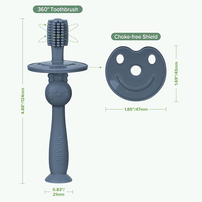 haakaa 360° Baby Toothbrush with Suction Base - Gentle Cleaning for Infant Self-Brushing Training, Food-Grade Silicone, Adjustable Safety Shield - Steel Blue (1 Piece)