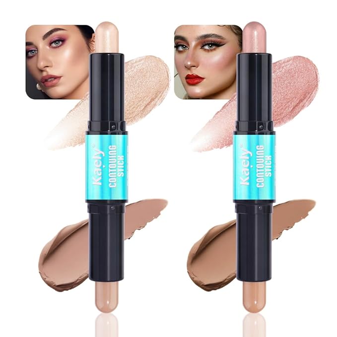 Kaely 2Pcs Cream Bronzer Highlighter Stick,Face Shaping Contouring Shades Makeup,01+03