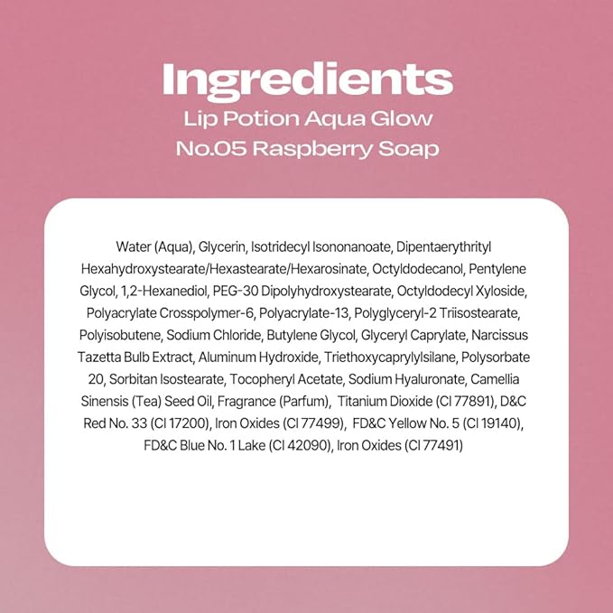 Lip Potion Aqua Glow No.5 Raspberry Soap | Hydrating, Non-Sticky Gloss with Sheer Radiance | 0.3 Oz