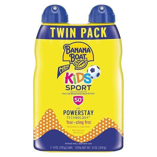 Banana Boat Kids Sport Sunscreen Spray SPF 50, Twin Pack | Kids Sunscreen Spray, Kids Sunblock Spray, Oxybenzone Free Sunscreen for Kids, Spray Sunscreen SPF 50, 6oz each