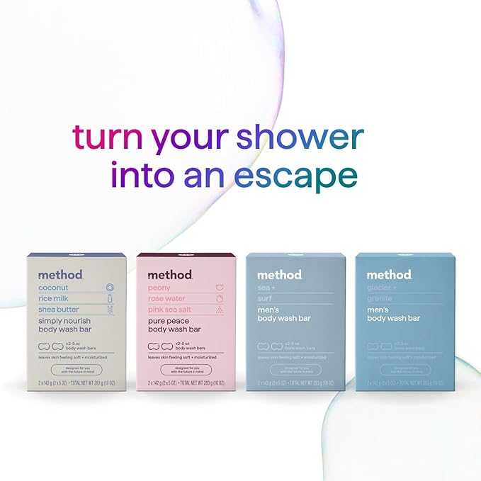 Method Bar Soap, Simply Nourish, Coconut, Rice Milk + Shea Butter notes, Plastic Free, 2 bars, 5oz each