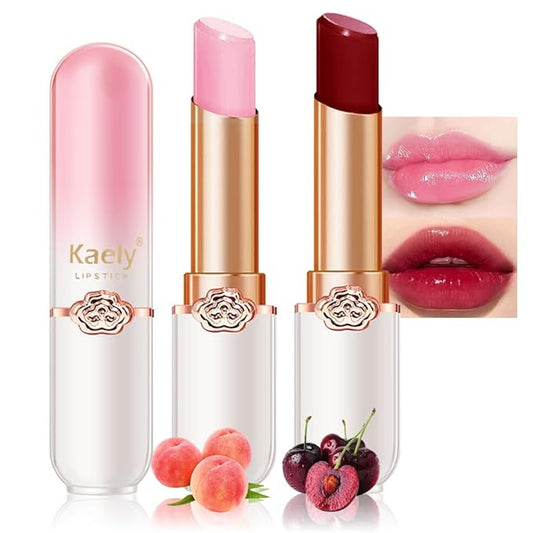 evpct 2Pcs Peach Red Cherry Magic Mood Color Changing Lipstick Long Lasting 24 Hours Original for Women, PH Color Change Changing Jelly Lipstick Tinted Lip Balm Gloss Stain Makeup Set labiales magicos