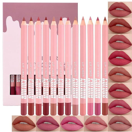 12 Pcs Natural Nude Brown Beige Colors Lip Liner Lipstick Pencils Set for Daily Makeup,Easy to Apply & Remove,Waterproof