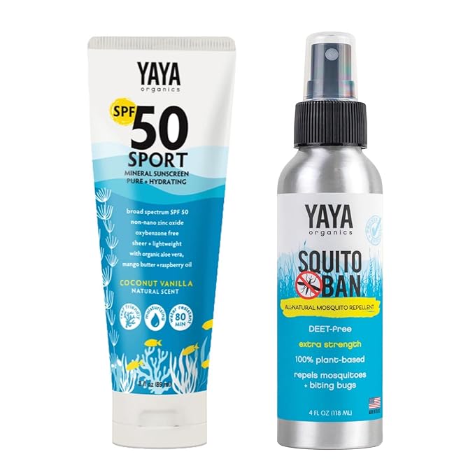 SPORT Sun + Bug Protection Bundle by YAYA Organics | Reef-friendly SPF 50 Mineral Sunscreen Lotion and Deet-free Squito Ban Natural Mosquito Repellent | Eco-Friendly | 3 oz / 4 oz