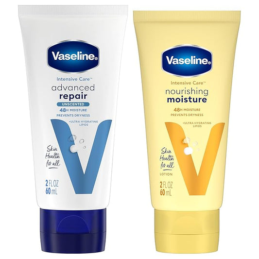 Vaseline Intensive Care Lotion Bundle – Advanced Repair Unscented Lotion & Nourishing Moisture Hand & Body Lotion for Extremely Dry Skin, 2 Oz Ea (2 Piece Set)