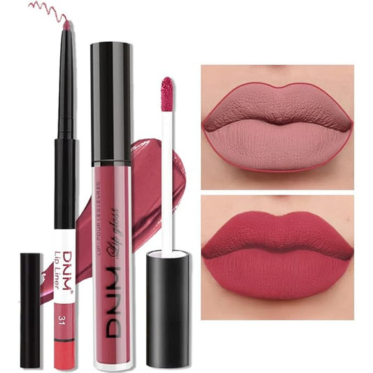 evpct 2Pcs Rose Red Pink Mauve Neutral Color Lip Liner and Matte Lipstick Makeup Sets Vegan Lipstick Lip Liner and Gloss Set Lip Stain Long Lasting Waterproof 24 31#