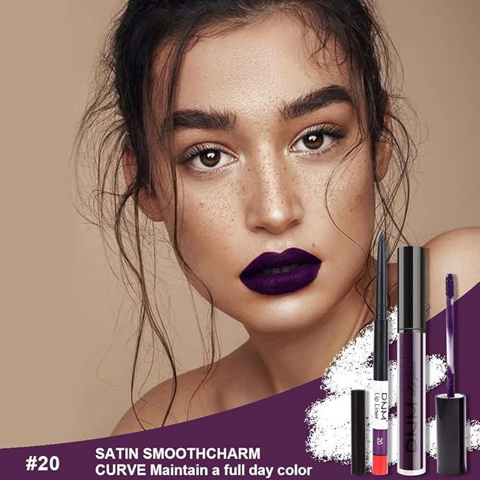 evpct 2Pcs Dark Deep Purple Plum Black Matte lipstick and Lip Liner Pencil Makeup Set for women Matte Smudge Proof Lipstick Lip Stain Long Lasting Waterproof labiales mate 24 horas originales 20#