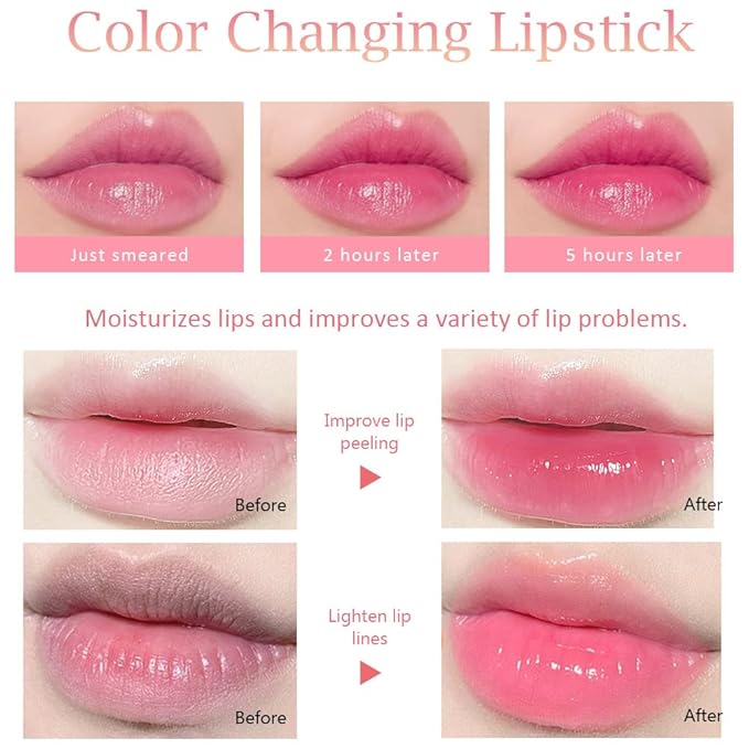 evpct 3Pcs Magic Color Changing Lipstick Long Lasting Waterproof 24 Hours Original for Women, Peach Strawberry Grape Pink PH Mood Permanent Color Changing Lipstick Lip Balm Gloss, labial magico