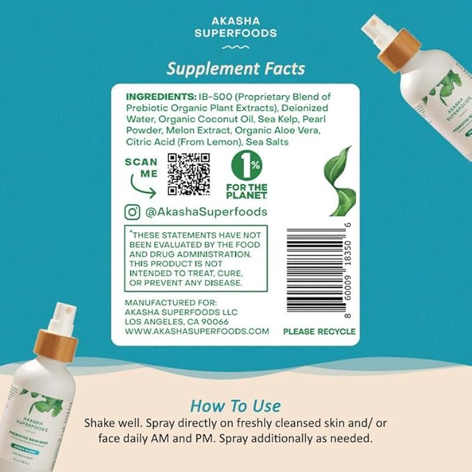 Akasha Prebiotic Skin Mist 3.4oz I Organic Facial Mist, Sea Kelp Extract, Face Spray for Naturally Restoring the Skins Microbiome, Dewy, Help Acne, Psoriasis & Sunburn*, Anti Aging Skin Care Products