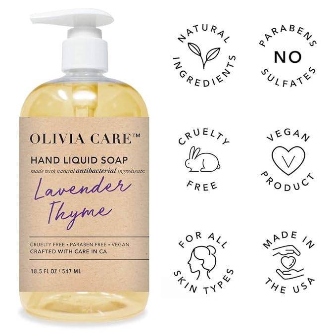 Olivia Care Antibacterial Hand Soap - Infused with Sage & Tea Tree Oil & Lavender Thyme Fragrance, Cleansing, Germ-Fighting, Moisturizing Hand Wash for Kitchen & Bathroom - 18.5 fl oz
