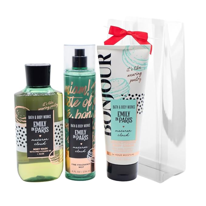 Bath & Body Works Emily in Paris MACARON CLOUD 3pc Bundle Gift Set with a Red Bow for Holidays - Mist, Body Cream, Shower Gel - Full Size