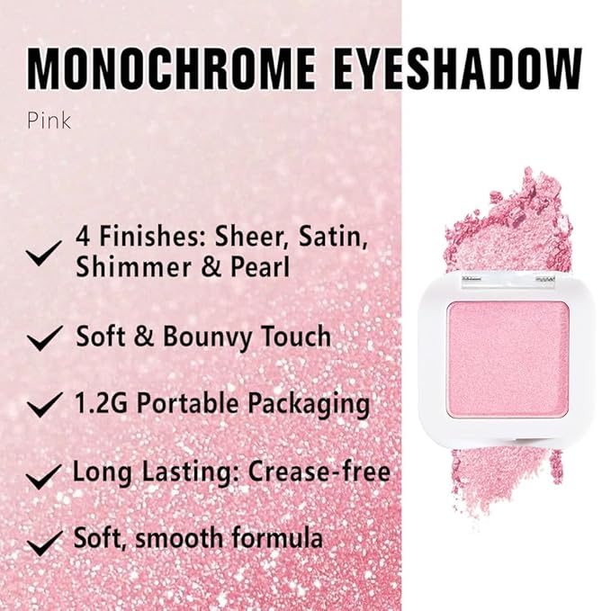 Pressed Single Eyeshadow Palette - Mini Shadow in Pink | Shimmer & Glitter Makeup for Women | Highly Pigmented, Blendable Monochrome Powder Eye Shadow | Everyday Natural Eye Makeup