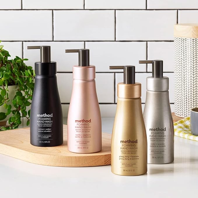 Method Premium Foaming Hand Wash, Ylang Ylang + Hyacinth, Reusable Gold Aluminum Bottle, Biodegradable Formula, 10 fl oz (Pack of 3)