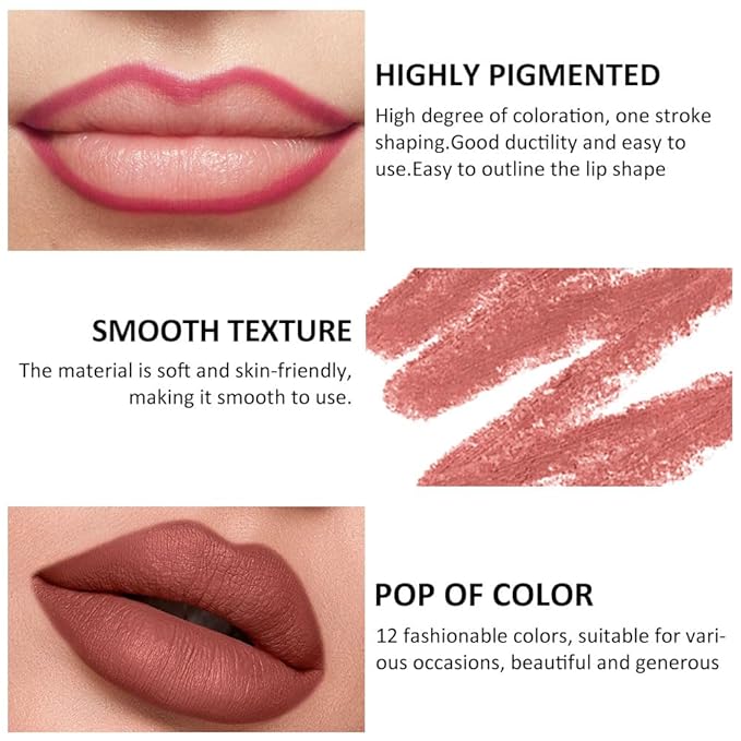 12 Pcs Natural Nude Brown Beige Colors Lip Liner Lipstick Pencils Set for Daily Makeup,Easy to Apply & Remove,Waterproof (B)