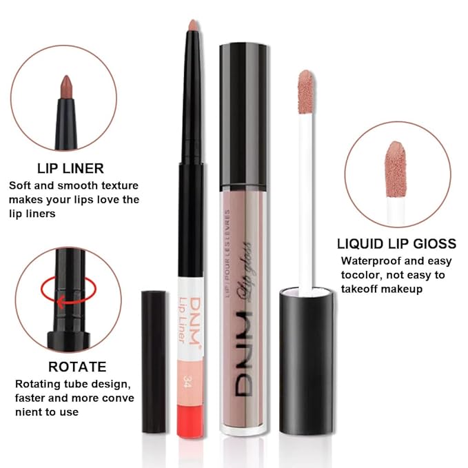 evpct 2Pcs Nude Beige Neutral Color Lip Liner and Matte Lipstick Makeup Sets Vegan Lipstick Lip Liner and Gloss Set Lip Stain Long Lasting Waterproof 24 34#