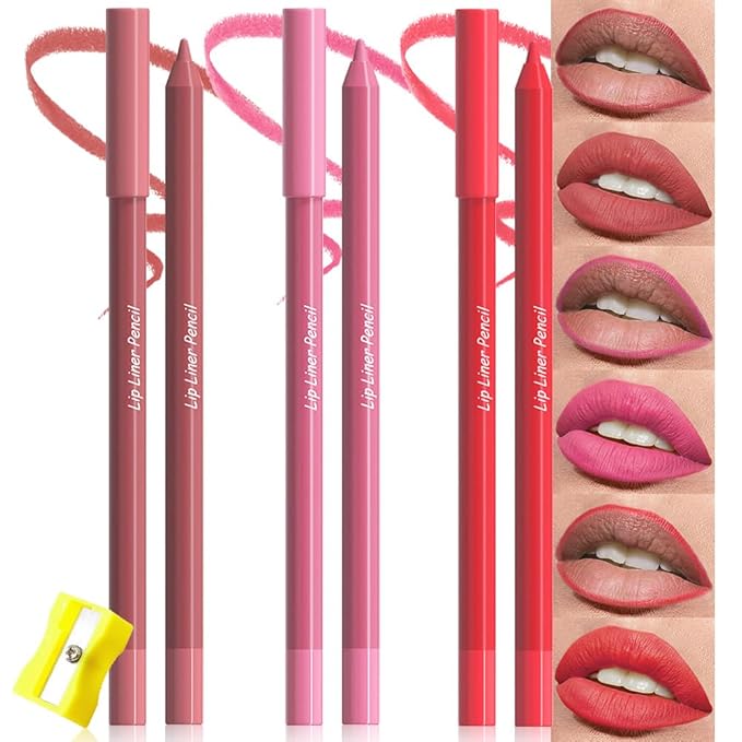 evpct 3Pcs Red Rose Deep Pink Vermilion Red Matte Long Lasting Wear Lip Liner Pencils Makeup Set for Shaping & Sculpting Lips, No Transfer Waterproof Lip Liner Crayon lipliners Lipstick Pencil 1+15+17