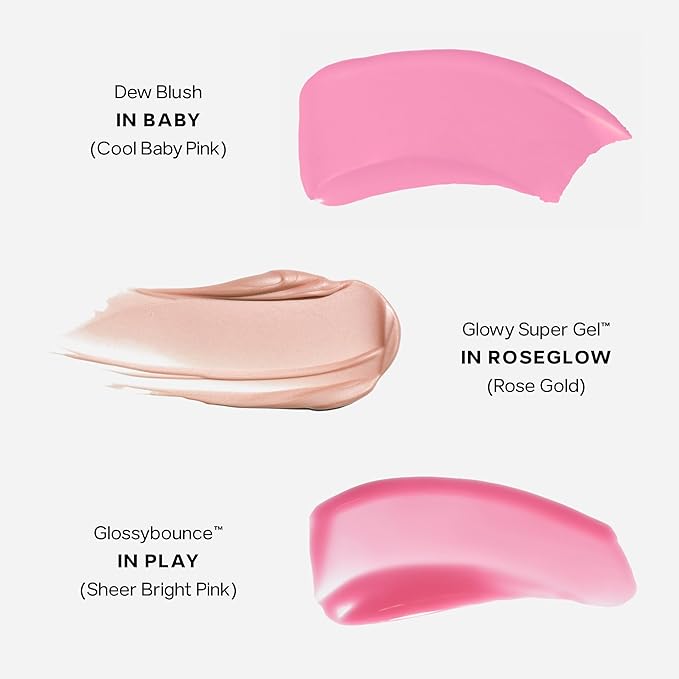 Saie SaieGlow Starter Kit - Hydrating + Highlighting Makeup Kit with Glowy Super Gel in Roseglow, Dew Blush in Baby, and Glossybounce Lip Gloss in Play (3 Count)