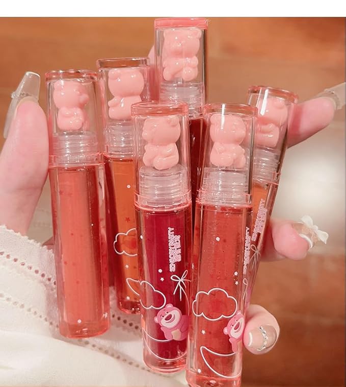 6 Colors Bear Lip Gloss Set, Lip Glaze Jelly Lipstick Liquid Lipstick Cute Bear Lipgloss Plumping Lip Tint Moisturizing Waterproof Long Lasting Cheek Cosmetic Beauty Makeup