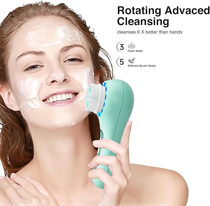 Face Scrubber Exfoliator,Facial Cleansing Brushes Rechargeable IPX7 Waterproof with 5 Brush Heads,Electric Face Spin Brush for Exfoliating, Massaging and Deep Cleansing (Mint Green)
