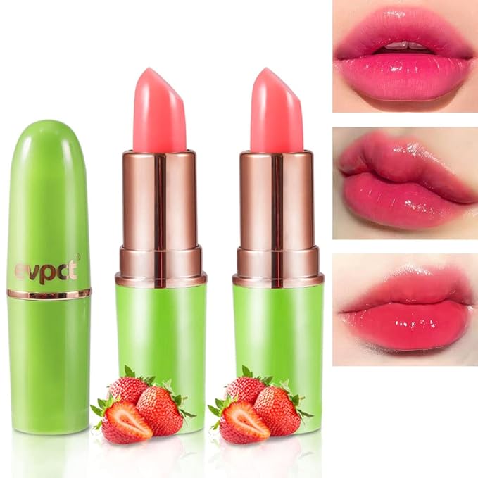 evpct 2Pcs Strawberry Color Changing Lipstick Tinted Lip Balm Gloss Stain Set Magic PH Color Changing Flower Lazy Korean Jelly Lipstick Makeup Set labiales mate 24 horas originales labial magico