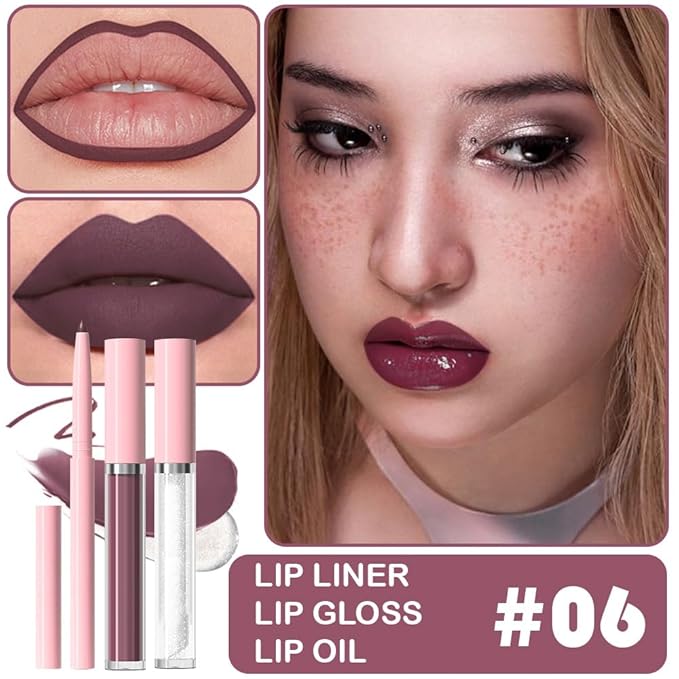 3-in-1Pink Nude Matte Lip Stain Kit | Waterproof Lip Liner + Hydrating Matte Lip Gloss + Nourishing Lip Oil | Long Lasting Plumping to Create Perfect Lip Makeup.06#