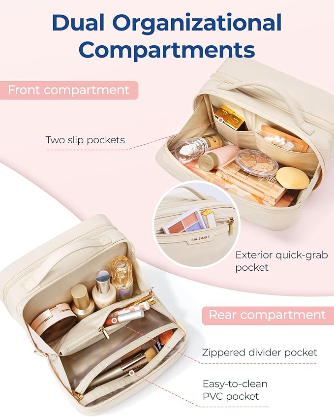 BAGSMART Travel Makeup Bag, Portable Make Up Bag, Wide-open Makeup Organizer Cosmetic Bags for Women for Travel Essentials Travel-Size Toiletries Accessories Bottles, Brushes (Beige)