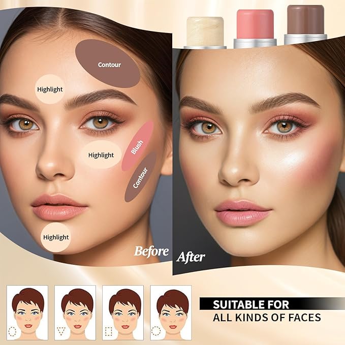 3 Pcs Cream Waterproof Blush Contour Highlighter Stick Finishing Makeup