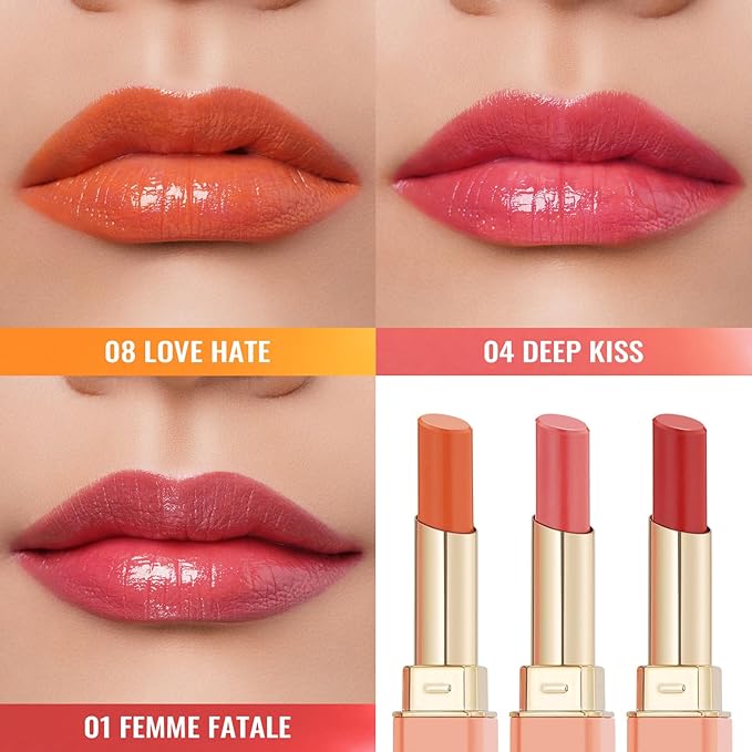 Oulac Moisturizing Shine Lipstick For Women Christmas Set 3PCS, 2 in 1 Tinted Lip Balm for Winter, Hydrated Juicy and Glossy Lip Color for Dry, Cracked and Chapped Lips, Vegan 01+04+08